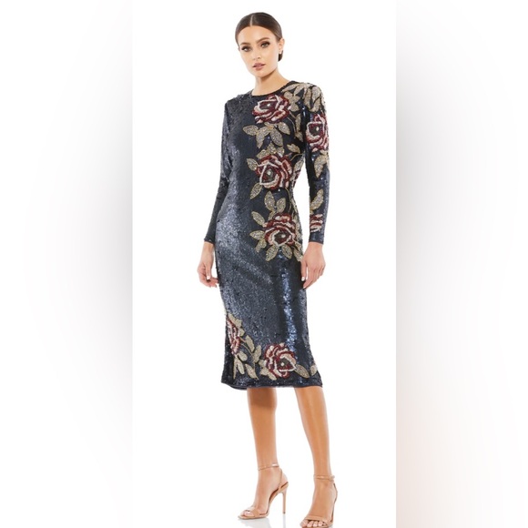 Mac Duggal Navy Sequin Dress with Red Floral Design - Picture 1 of 4